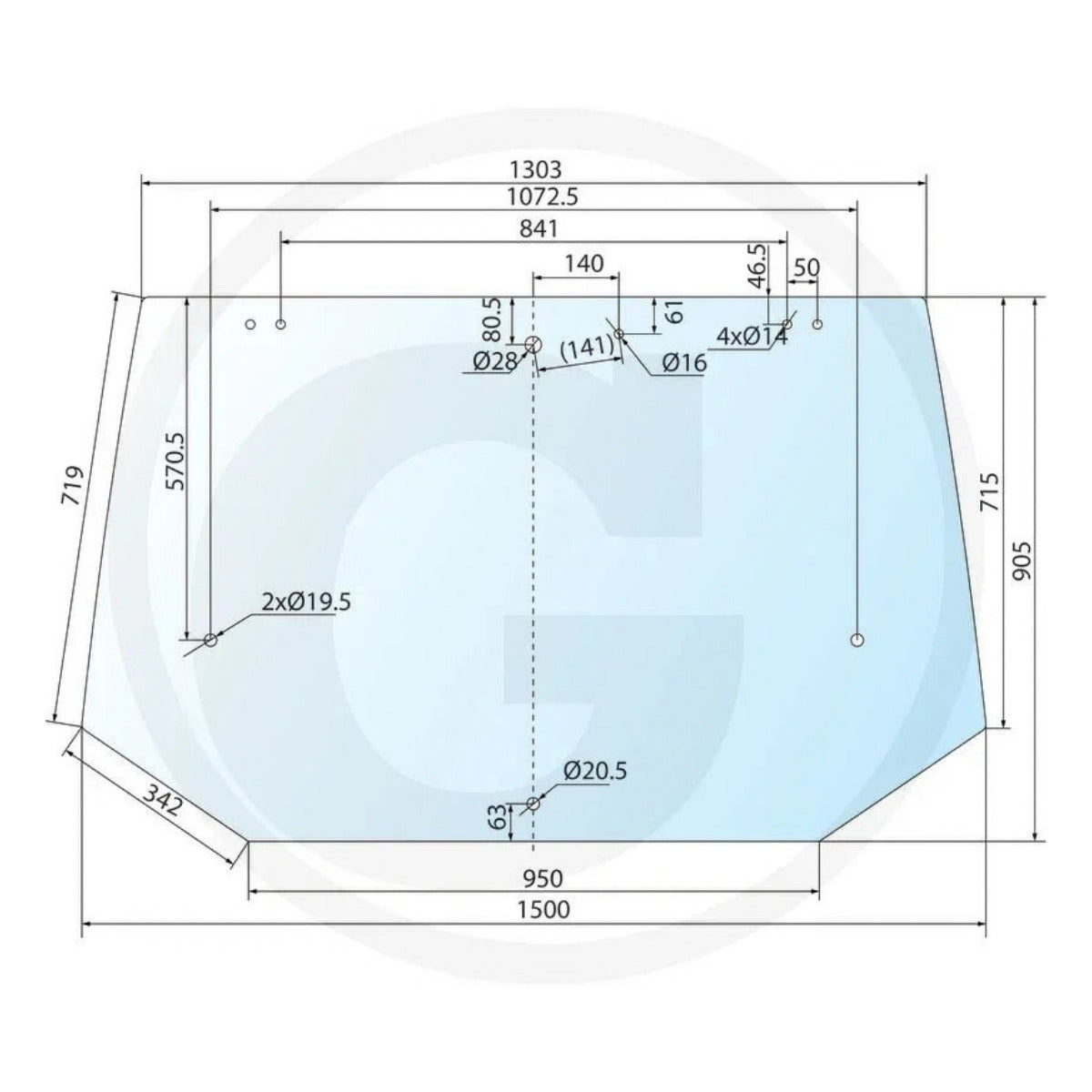 Schita dimensionala geam spate luneta verde GRANIT 650886501 New Holland Case IH Fiat Ford