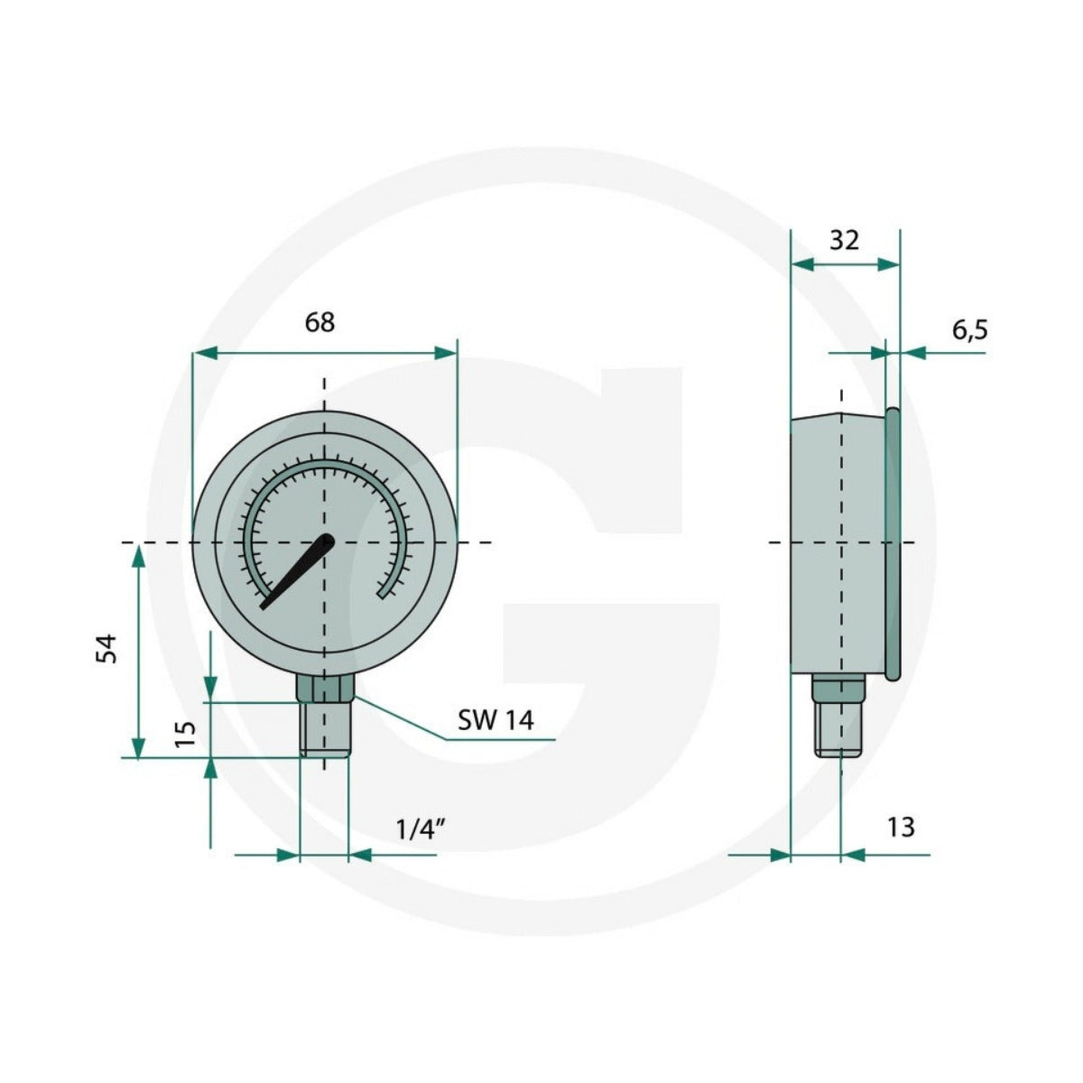 Schita dimensionala manometru Ø63 mm racord inferior G 1/4 WIKA 85000407