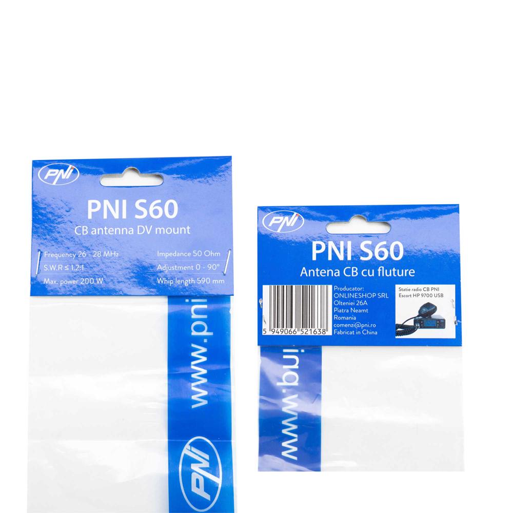 Antena cb Pni S60 cu fluture, lungime 59 cm, cu montura, cablu si mufa PL259, fibra de sticla PNI-S60CAB
