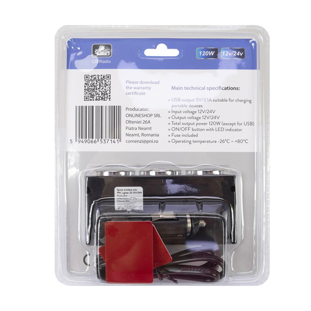 Incarcator auto spliter Pni lighter 20 12V/24V, cu 2 iesiri bricheta, 2 x USB (1A), indicator LED PNI-SBR20