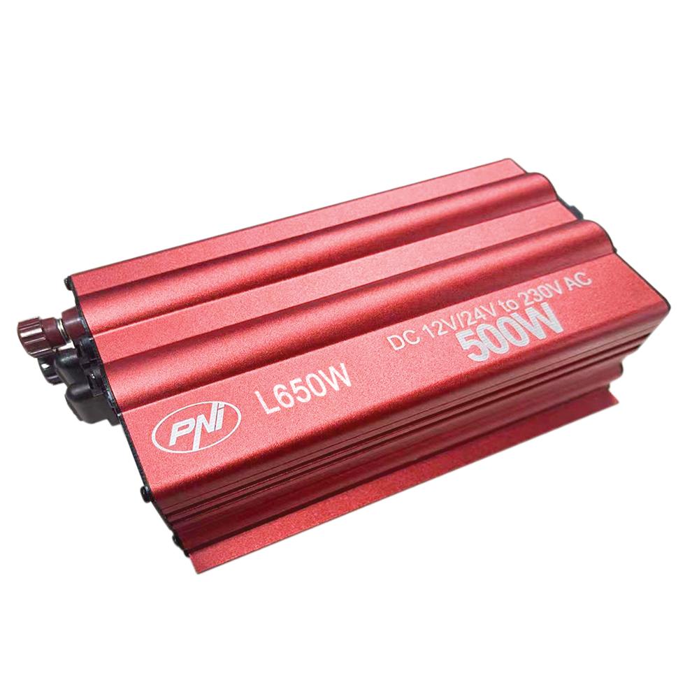 Invertor de tensiune Pni L650W, alimentare duala 12V/24V, iesire 230V, 500W, sinus modificat, mufa USB 5V 500MAH, cu clesti alimentare si mufa de bricheta inclusa PNI-L650W-DV