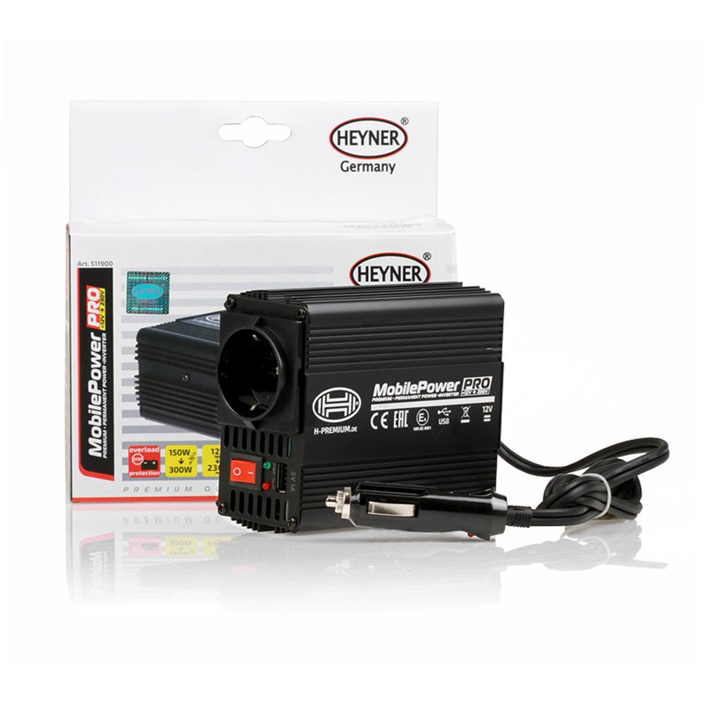Invertor de tensiune Heyner premium pro 150-300W alimentare 12V iesire 230V cu USB 511900