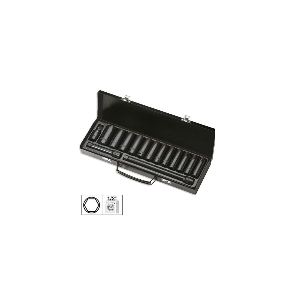 Set de 15 piese de impact cu 12 tubulare lungi de 1/2` hexagonale + adaptoare Jbm 52346