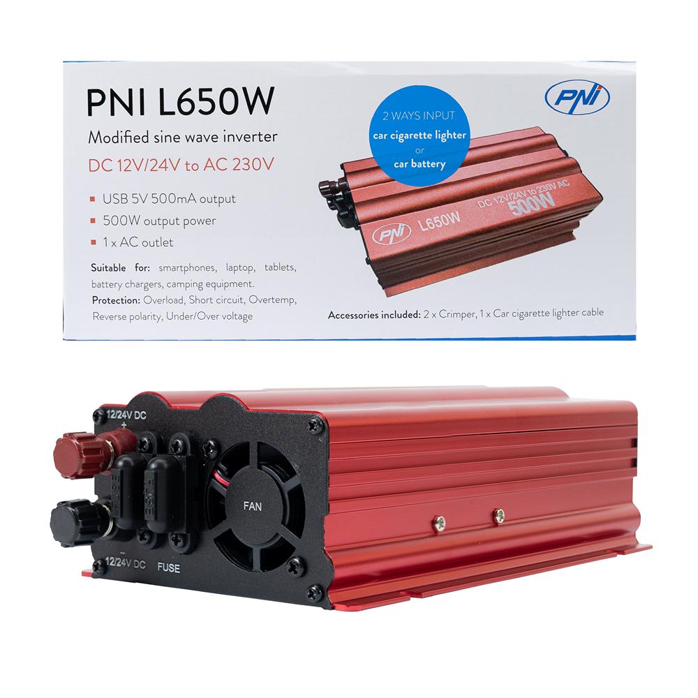 Invertor de tensiune Pni L650W, alimentare duala 12V/24V, iesire 230V, 500W, sinus modificat, mufa USB 5V 500MAH, cu clesti alimentare si mufa de bricheta inclusa PNI-L650W-DV