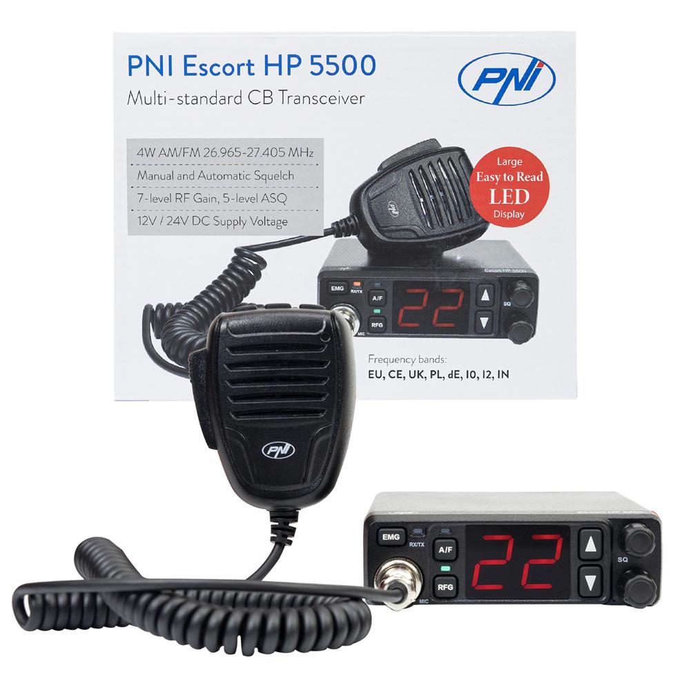 Statie radio cb Pni escort HP 5500, multistandard, 4W, am-fm, 12V/24V, asq, rf gain, mufa de bricheta inclusa PNI-HP5500