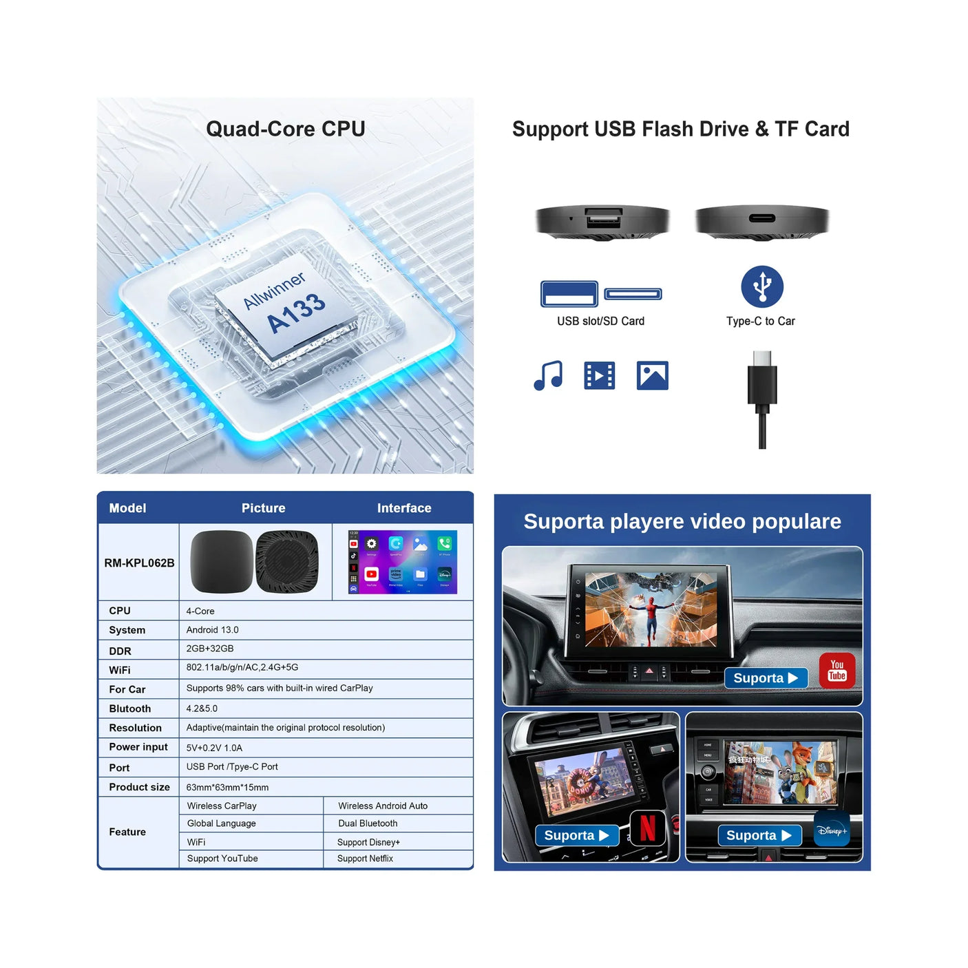 Adaptor Wireless Android 13 CarPlay & Android Auto – Netflix YouTube