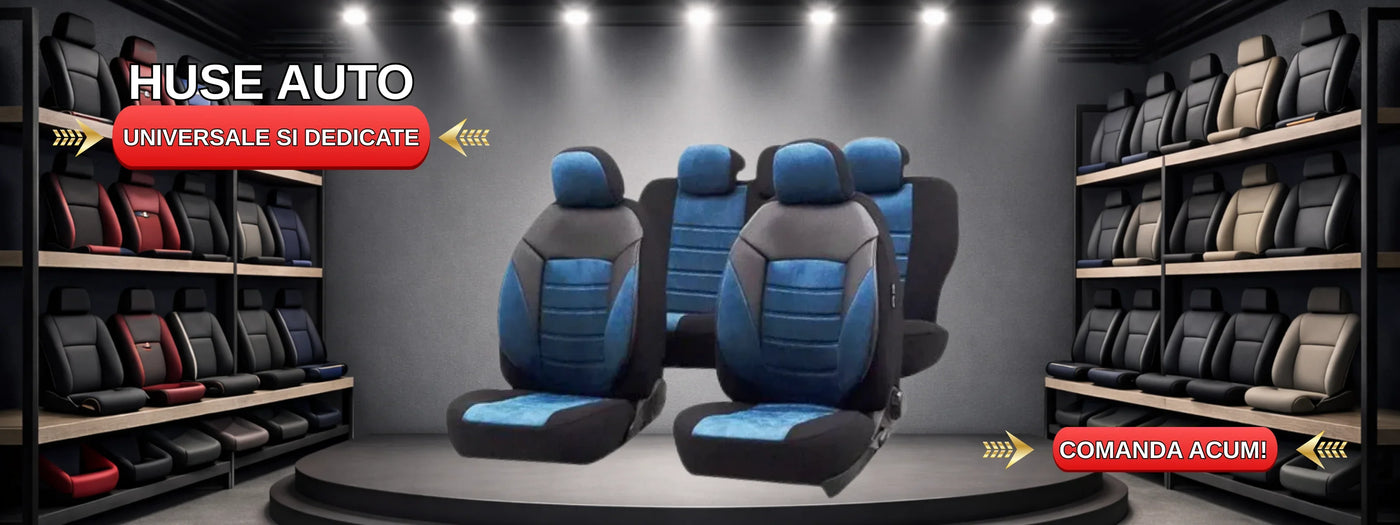 Universal and custom car seat covers in various colors on display, showroom setting