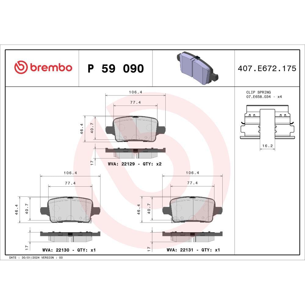 Set placute frana spate Brembo P 59 090