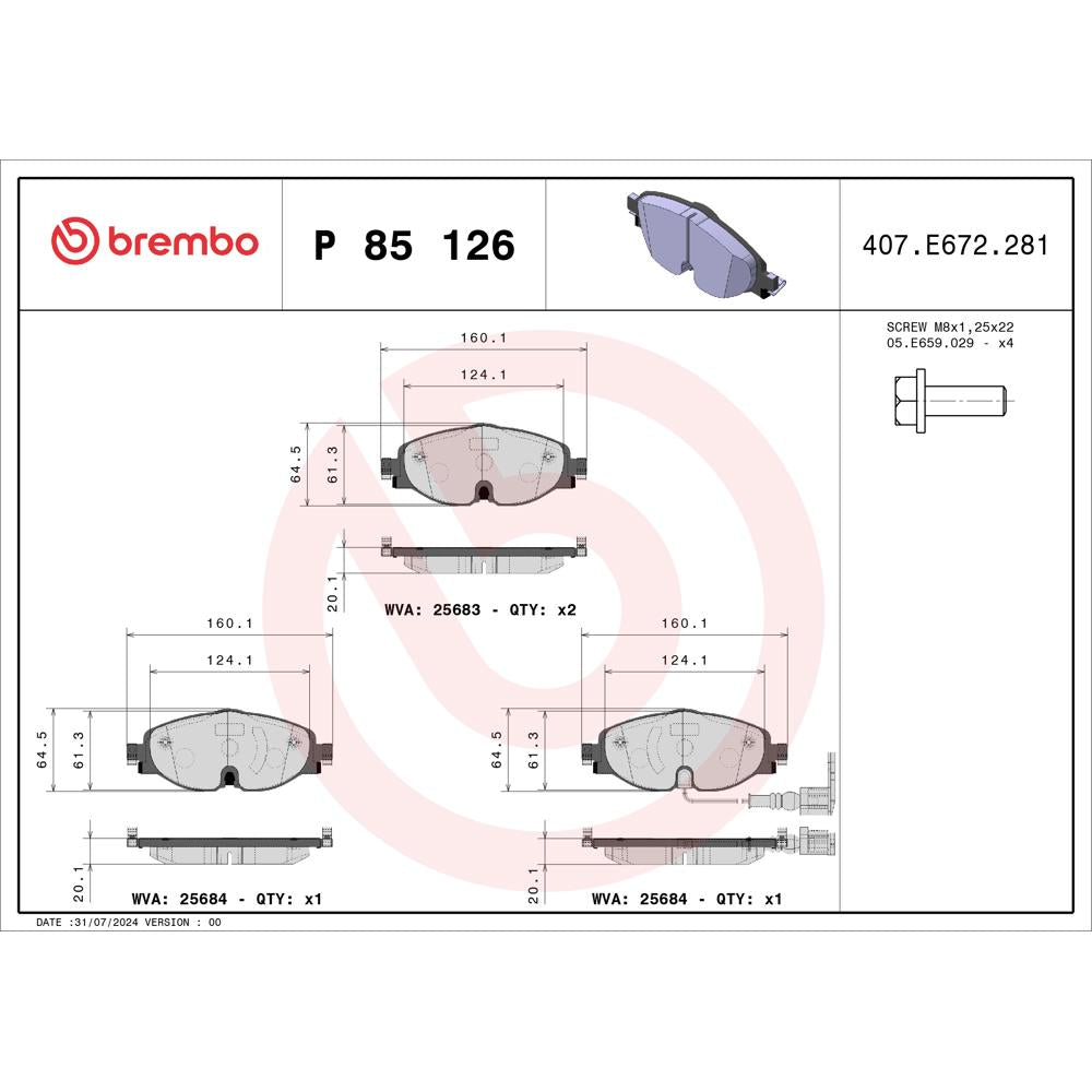 Set placute frana Brembo P 85 126