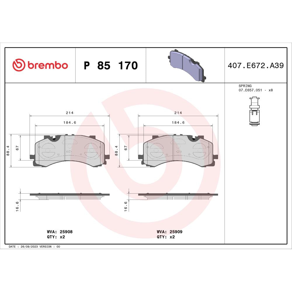 Set placute frana Brembo P 85 170