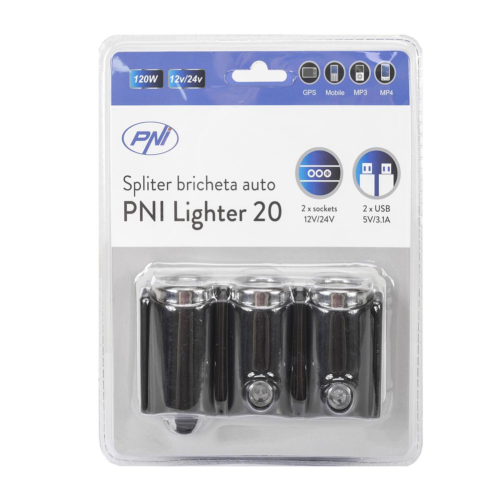 Incarcator auto spliter Pni lighter 20 12V/24V, cu 2 iesiri bricheta, 2 x USB (1A), indicator LED PNI-SBR20