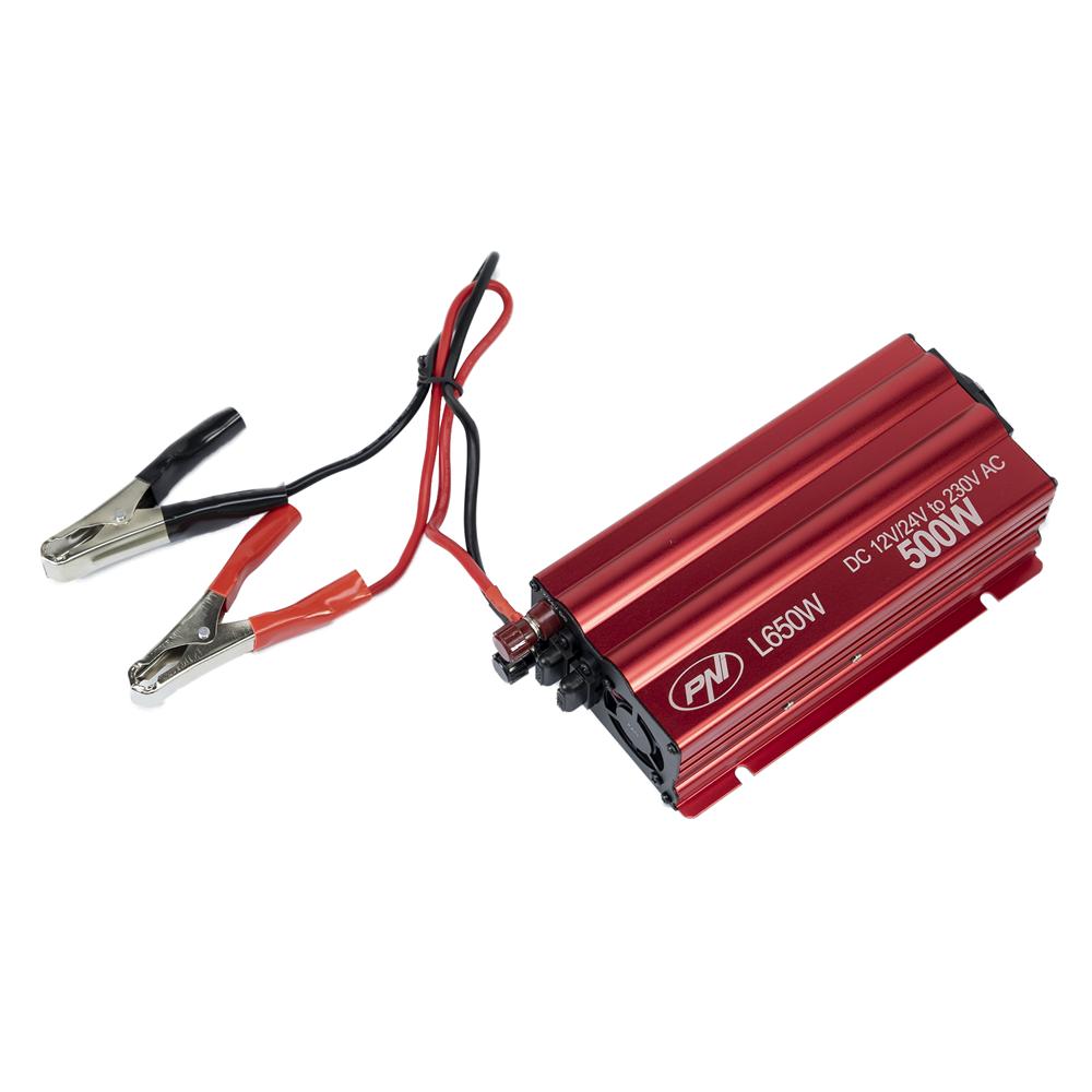 Invertor de tensiune Pni L650W, alimentare duala 12V/24V, iesire 230V, 500W, sinus modificat, mufa USB 5V 500MAH, cu clesti alimentare si mufa de bricheta inclusa PNI-L650W-DV