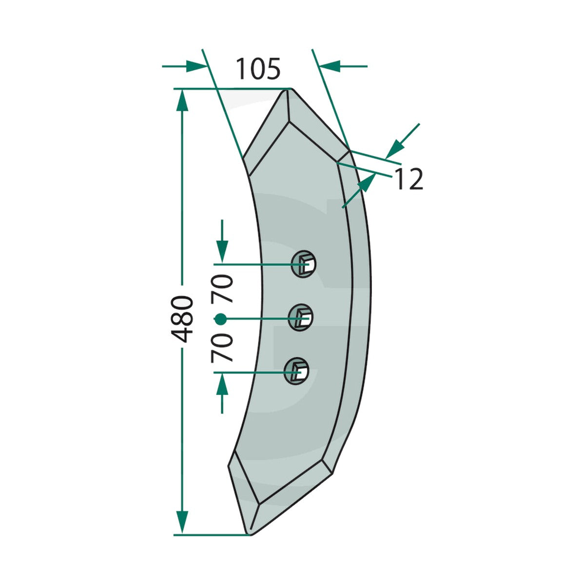 Schita dimensiuni Brazdar cultivator reversibil curbat 480x105x12mm compatibil Köckerling GRANIT 56050 900033