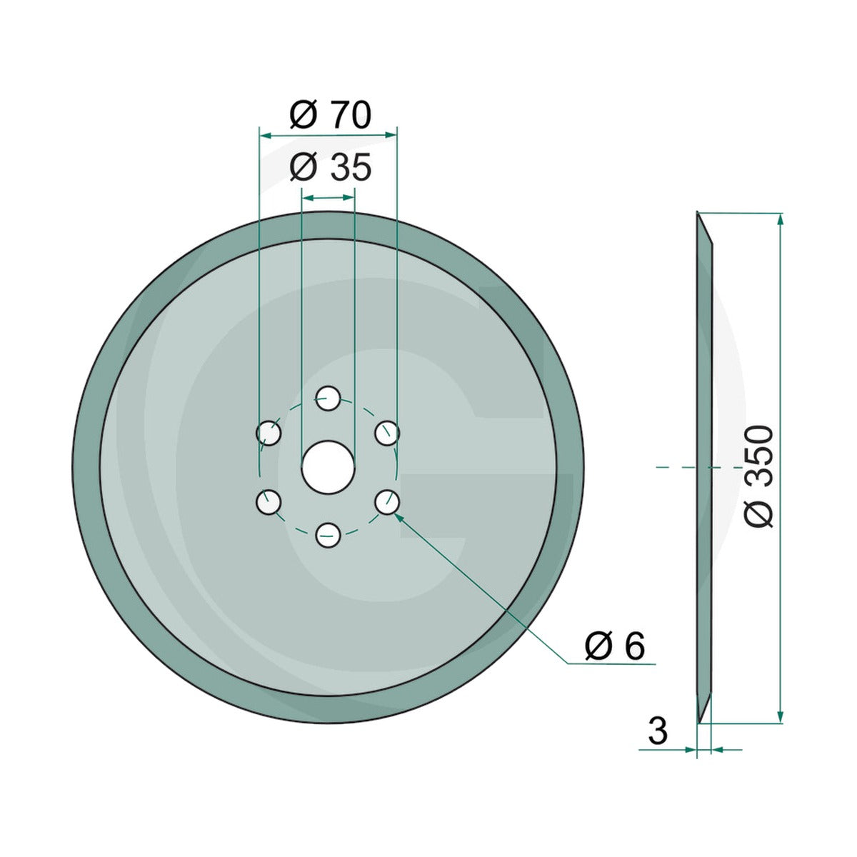 Schita dimensiuni Disc hexagonal plat 350mm fara lagar neted, Ø 350 x 3 mm compatibil Lemken GRANIT 56017 3490010