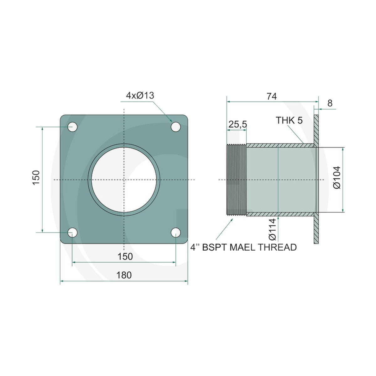 Schita dimensiuni Flansa din otel cu niplu tubular zincat Filet exterior 4", galvanizat GRANIT 4050200576