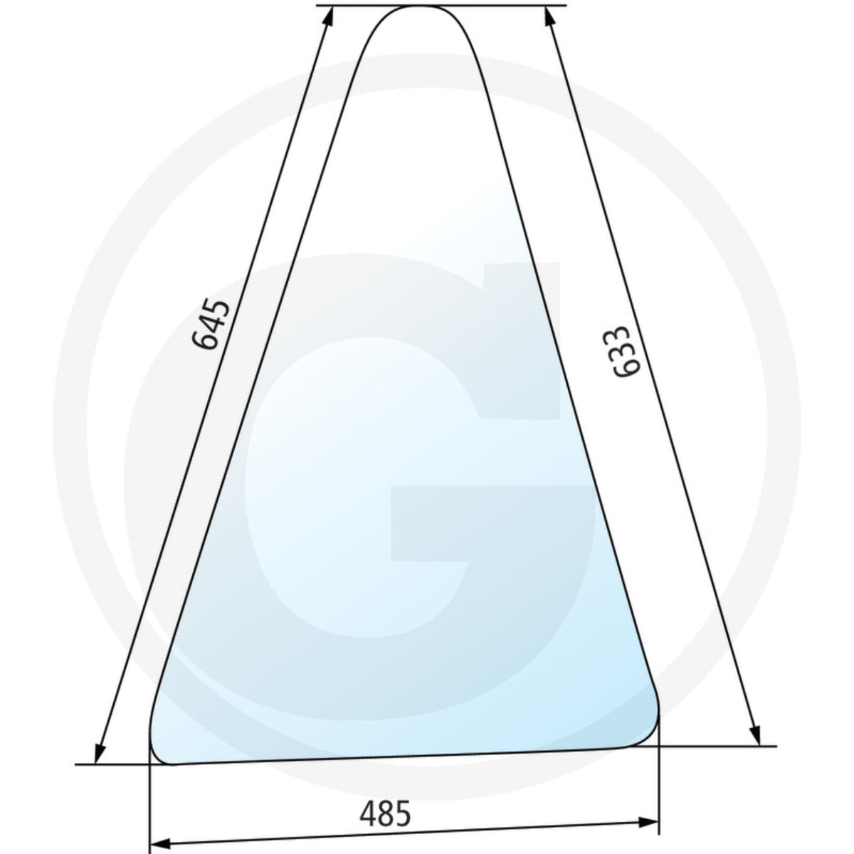Geam lateral triunghiular Fiat GRANIT 650885722, schita cu dimensiunile 645, 633 si 485 mm