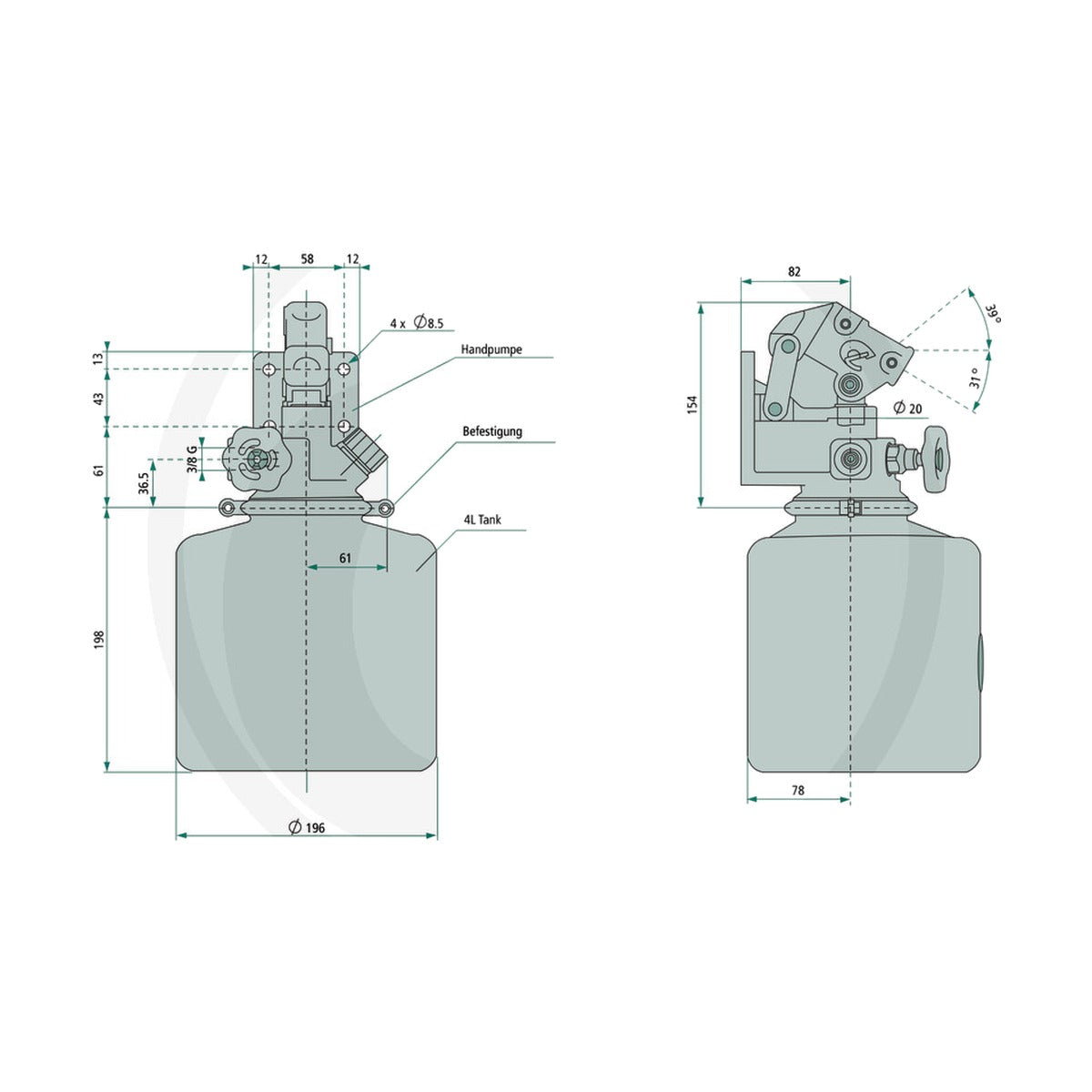 Schita dimensiuni Pompa manuala PE 20S + RP4R CHAPEL 82004015