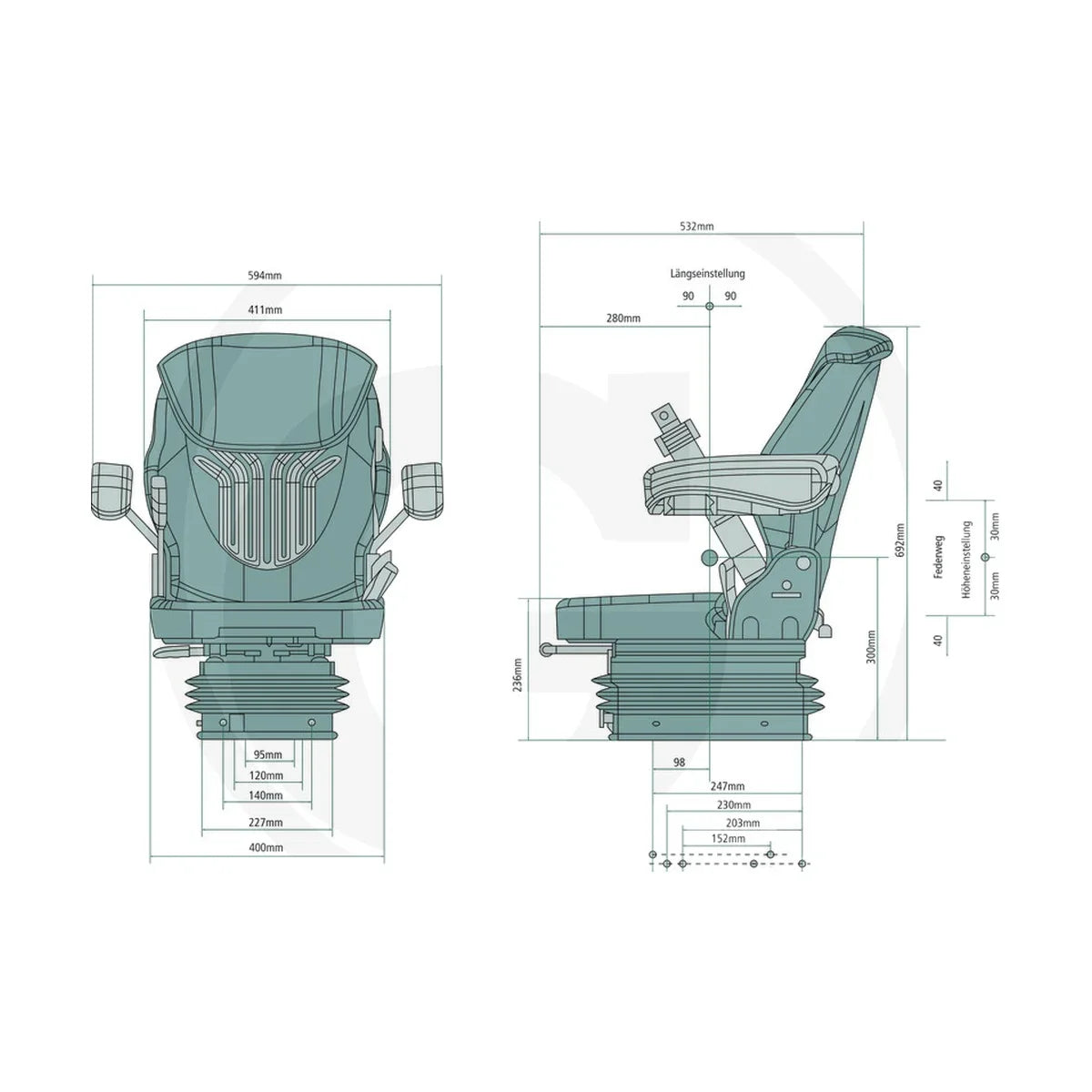 Schita dimensiuni Scaun Compacto Comfort S MSG93/511 compatibil John Deere, Case IH, New Holland GRAMMER 2401289043