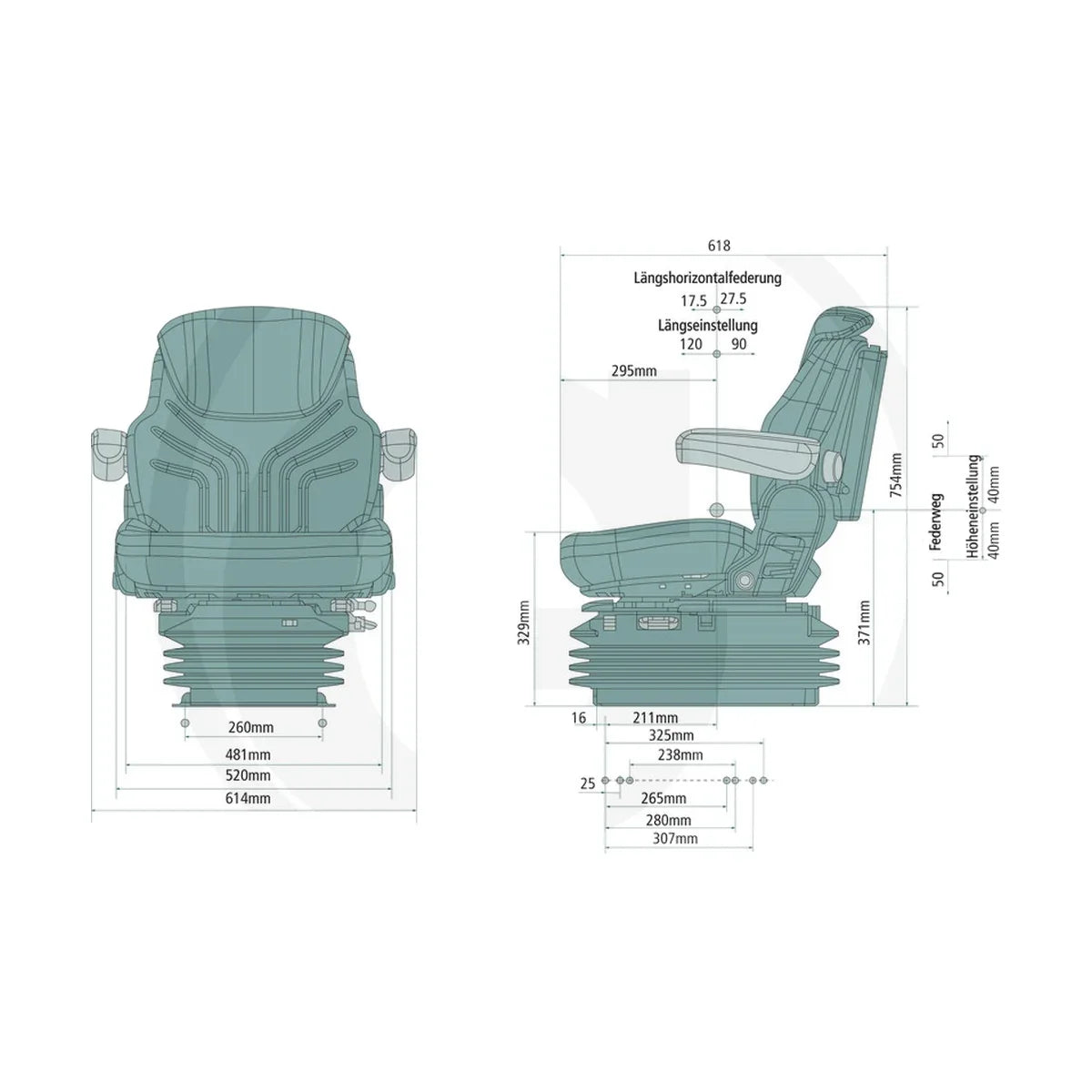Schita dimensiuni Scaun Maximo Comfort MSG95G/731 compatibil John Deere, Case IH, New Holland GRAMMER 2401288539