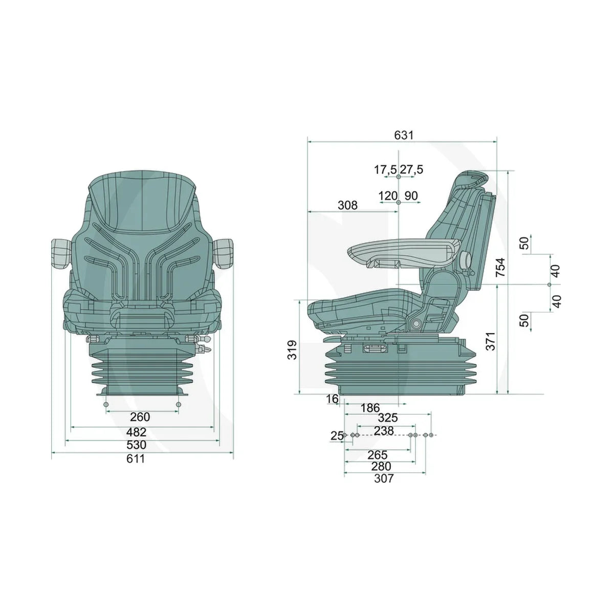 Schita dimensiuni Scaun Maximo Professional MSG95AL/731 pentru tractor compatibil John Deere, Case IH, New Holland GRAMMER 2401288547