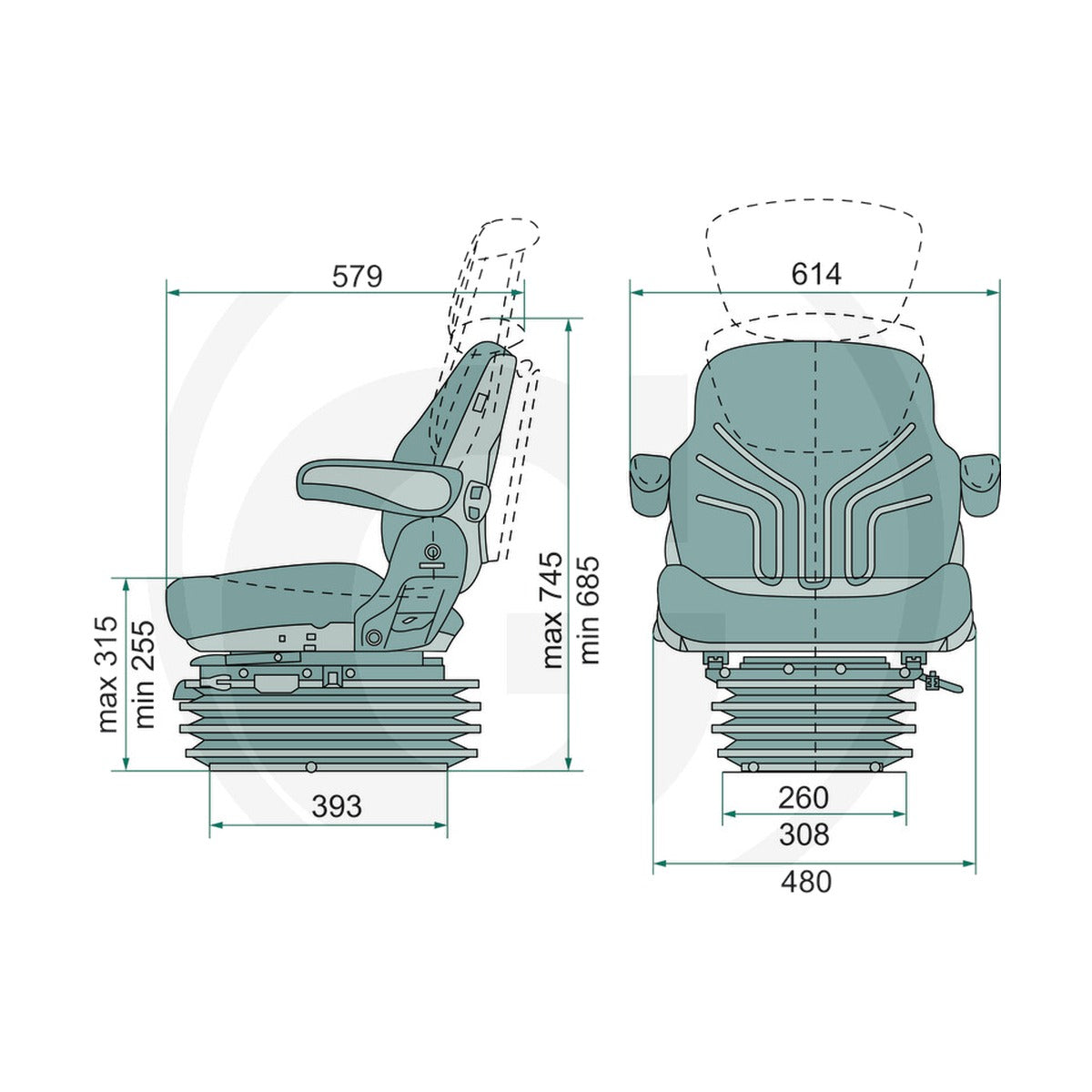 Schita dimensiuni Scaun MSG95G/721 compatibil John Deere, Case IH, New Holland GRAMMER 2401248637