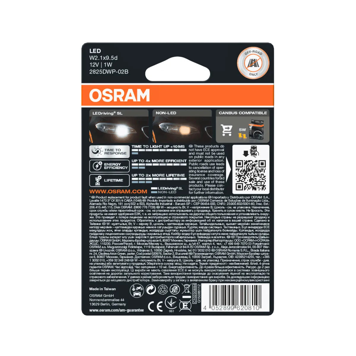 Set 2 becuri LED de pozitie auto Osram LEDriving SL 6000k alb rece W5W T10 12V 2825DWP-02B