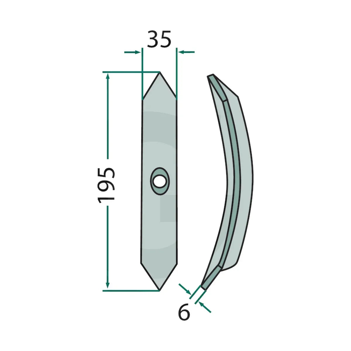 Schita dimensiuni Varf brazdar cultivator reversibil 195x35x6mm compatibil Lemken, Amazone GRANIT 23532 RS2978S