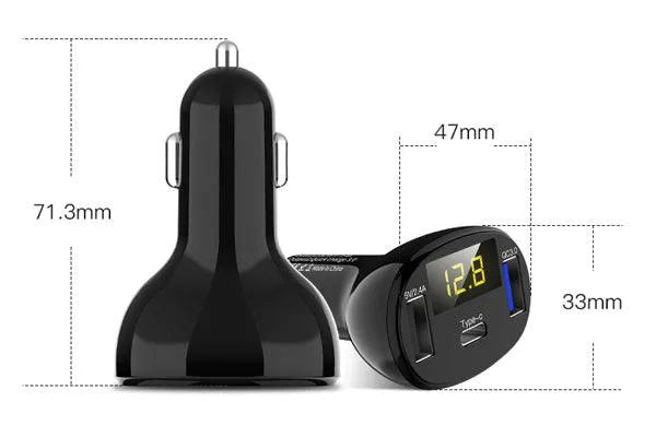 Incarcator auto 1xusb qc3.0 + 1xusb 2.4a + 1xusb type-c cu afisaj tensiune/putere led