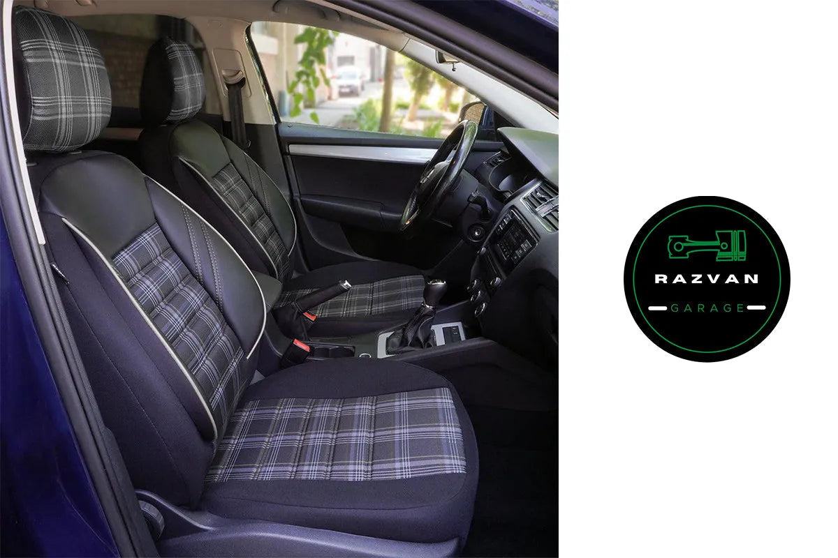 Car interior with black and plaid seat covers for front seats, showcasing stylish auto accessories.