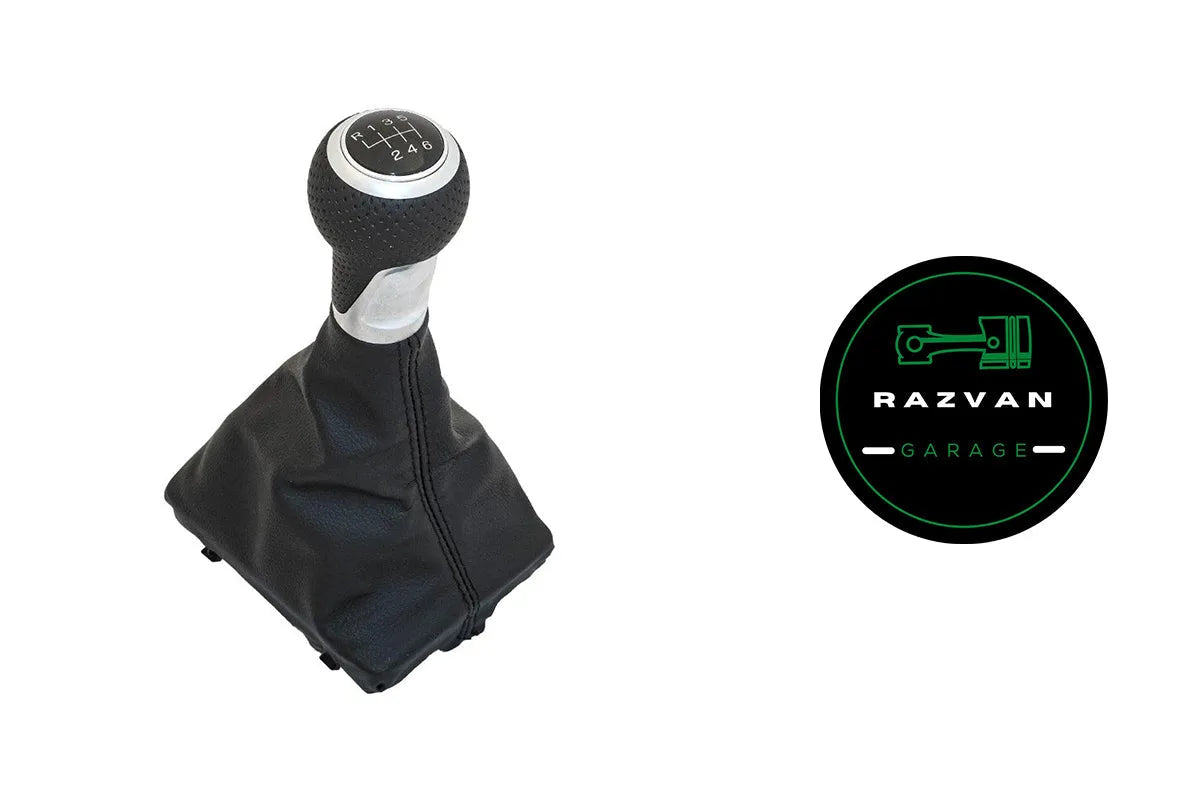 Manual gear shift knob with black leather boot, automotive accessory replacement part