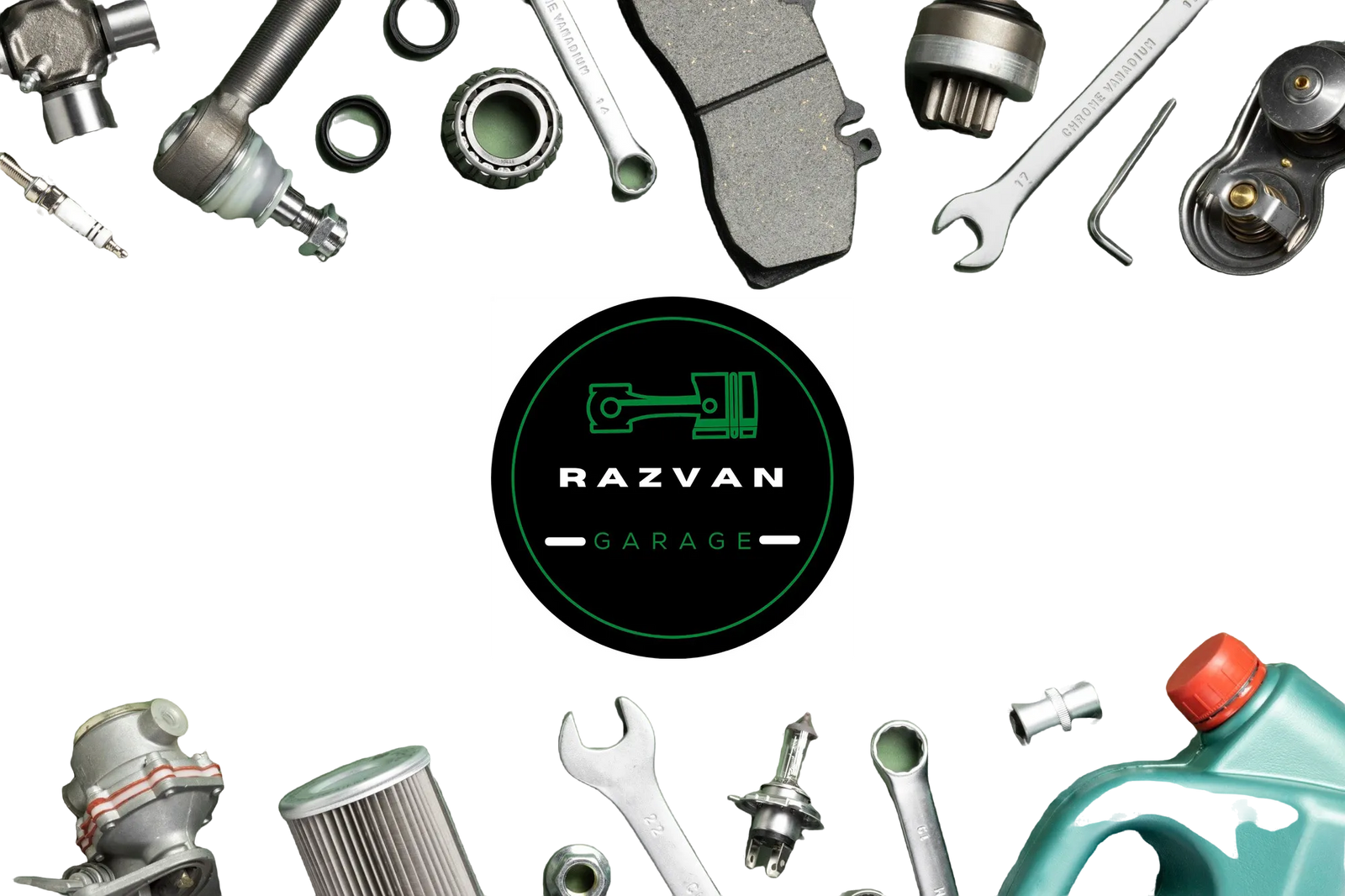 Auto parts and repair tools arranged around a car accessories shop logo
