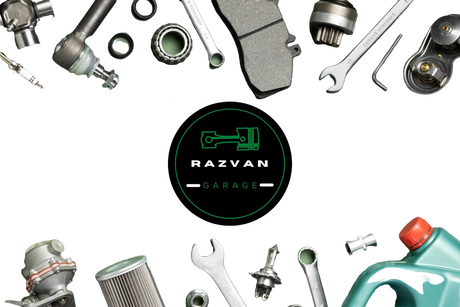 Auto parts and repair tools arranged around a car accessories shop logo