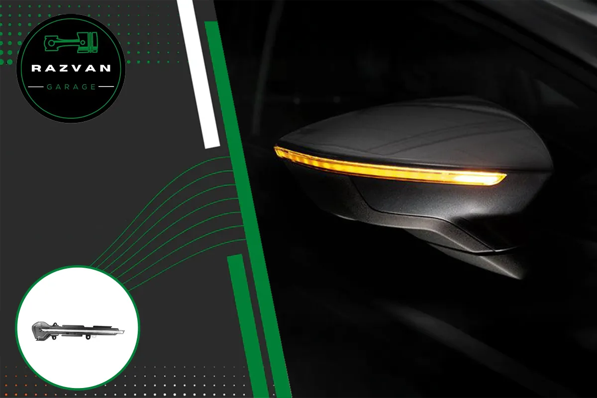 Car side mirror with dynamic LED turn signal illuminated at night