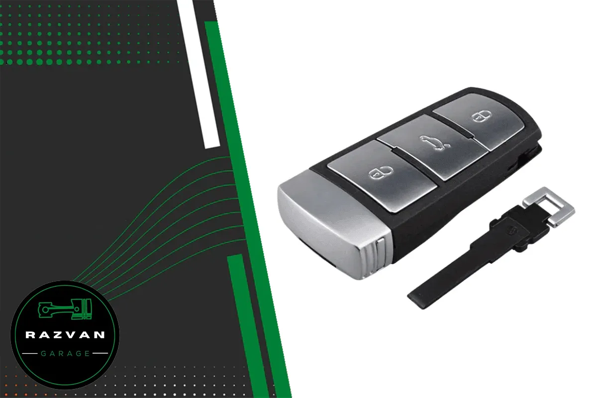 Car key fob shell and emergency key blade on white background, auto accessories