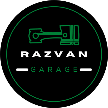 Circular logo with a green piston icon above bold text reading Razvan Garage, on black background