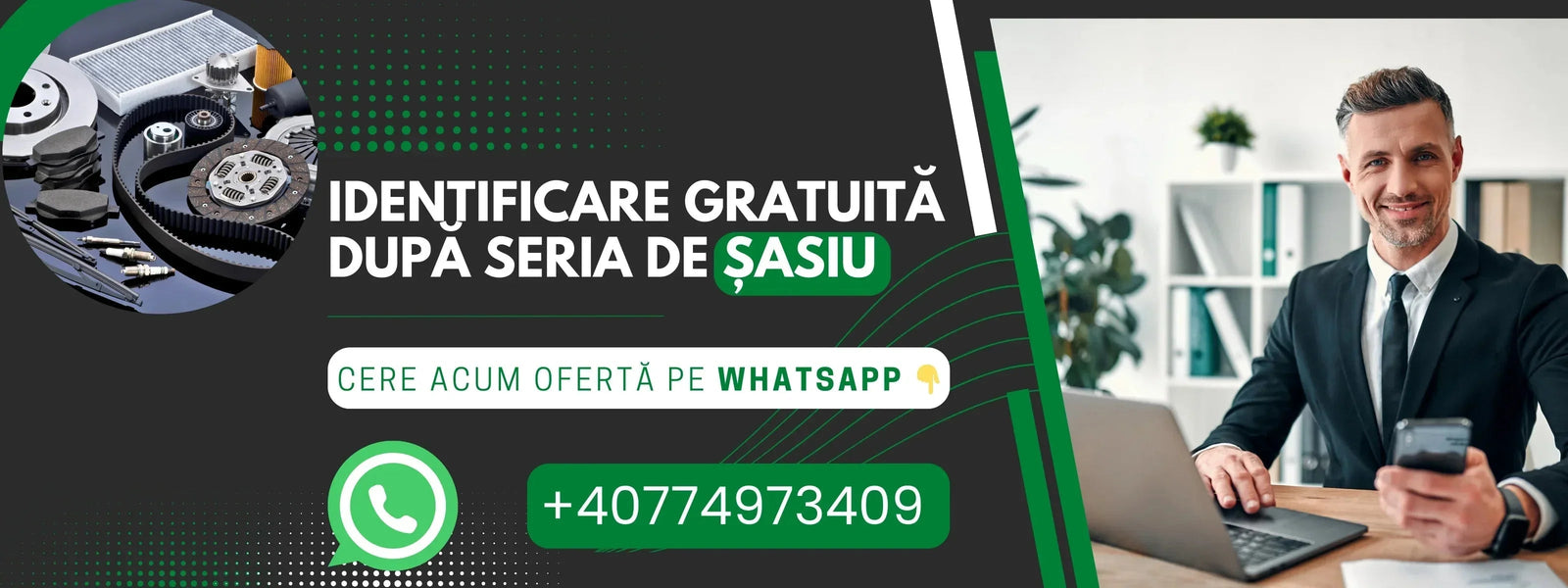 Auto parts laid out next to a man in office holding smartphone, WhatsApp contact information display