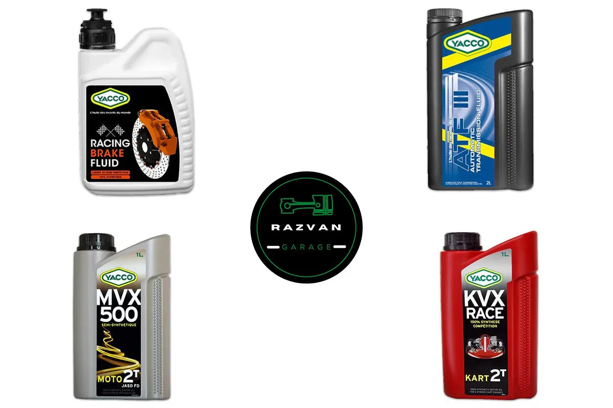 Various Yacco car fluids and oils, including brake fluid, transmission fluid, and racing oil