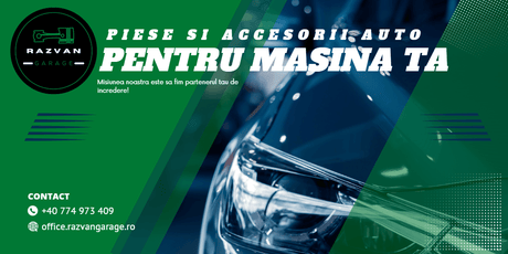 Auto accessories and parts promotion with car headlight, green graphic, and contact details