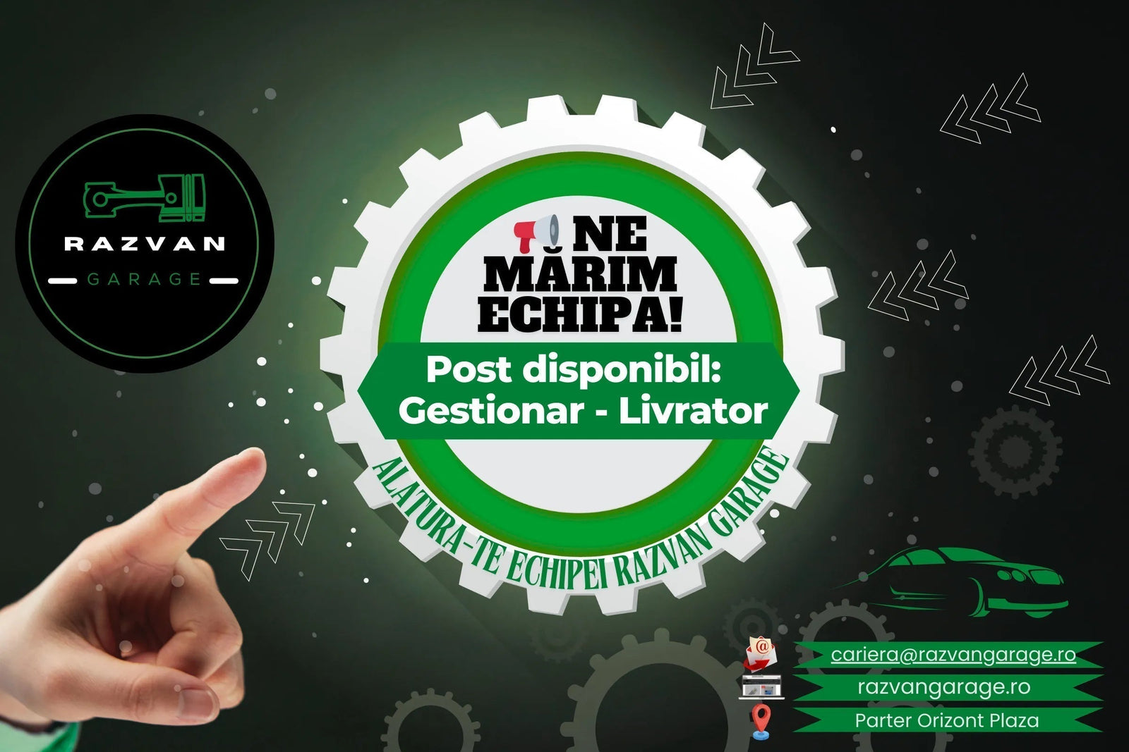 Job recruitment graphic for storekeeper and delivery driver with green gear, hand pointing, and auto accessories theme.