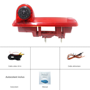 Continut kit camera marsarier stop frana Renault Trafic III: lampa, cablu video 10 m, cablu alimentare, autocolant, manual