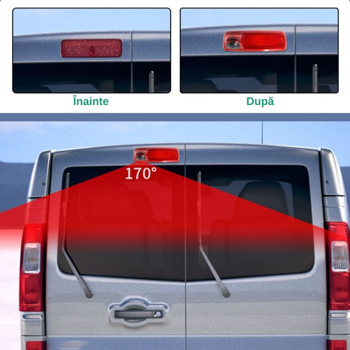 Lampa stop frana originala si lampa cu camera marsarier montata pe Renault Trafic III, inainte si dupa, unghi de vizualizare 170 grade