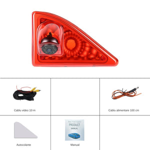 Continut kit camera marsarier stop frana Renault Master III: lampa, cablu video 10 m, cablu alimentare, autocolant, manual
