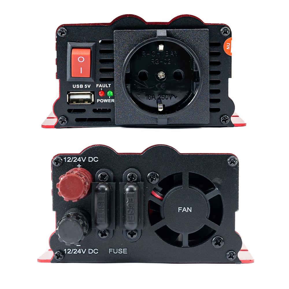 Invertor de tensiune Pni L650W, alimentare duala 12V/24V, iesire 230V, 500W, sinus modificat, mufa USB 5V 500MAH, cu clesti alimentare si mufa de bricheta inclusa PNI-L650W-DV