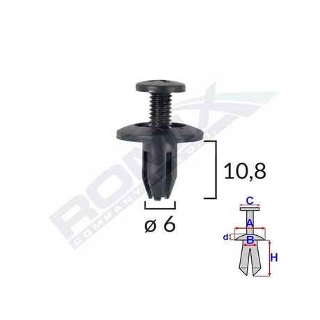 Clips fixare pentru honda/kia/toyota 6X10.8MM - negru set 10 buc Romix B14696