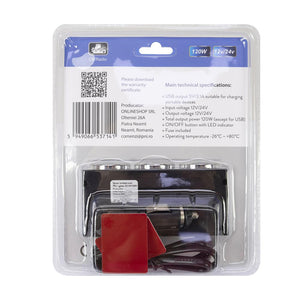 Incarcator auto spliter Pni lighter 20 12V/24V, cu 2 iesiri bricheta, 2 x USB (1A), indicator LED PNI-SBR20