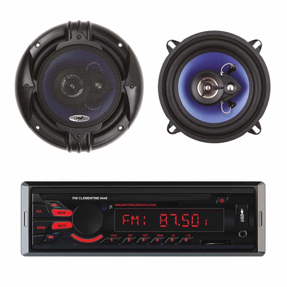 Pachet radio MP3 player auto Pni clementine 8440, 4X45W USB sd aux 12V + set 2 difuzoare auto coaxiale Pni HIFI500, 100W, 12.7 cm PNI-AK005