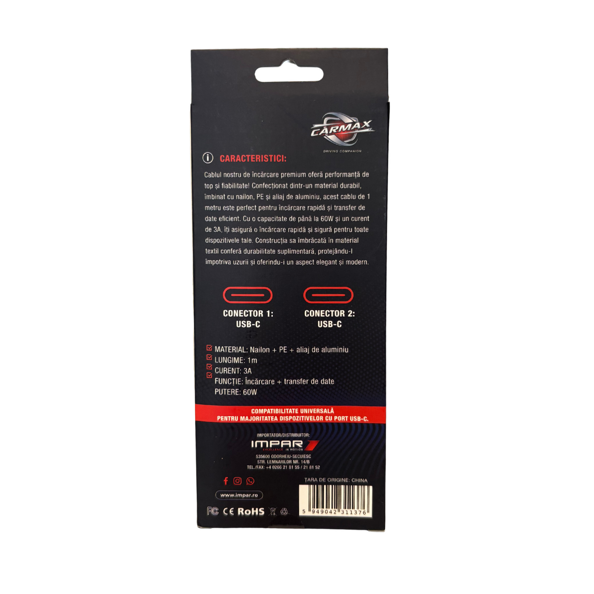 Cablu USB-C - USB-C 60W Carmax 1m 56636 – imagine 2