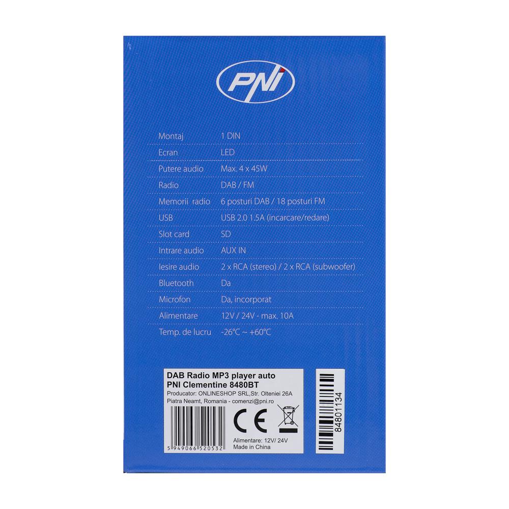 Radio MP3 player auto dab si rds Pni clementine 8480BT 4X45W, 12/24V, cu sd, USB, aux, rca, bluetooth si USB 1.5A PNI-8480BT