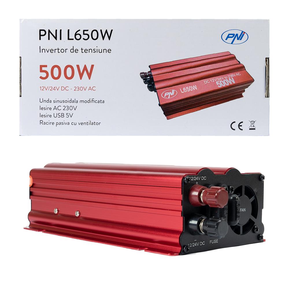 Invertor de tensiune Pni L650W, alimentare duala 12V/24V, iesire 230V, 500W, sinus modificat, mufa USB 5V 500MAH, cu clesti alimentare si mufa de bricheta inclusa PNI-L650W-DV