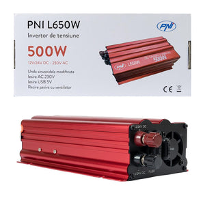 Invertor de tensiune Pni L650W, alimentare duala 12V/24V, iesire 230V, 500W, sinus modificat, mufa USB 5V 500MAH, cu clesti alimentare si mufa de bricheta inclusa PNI-L650W-DV